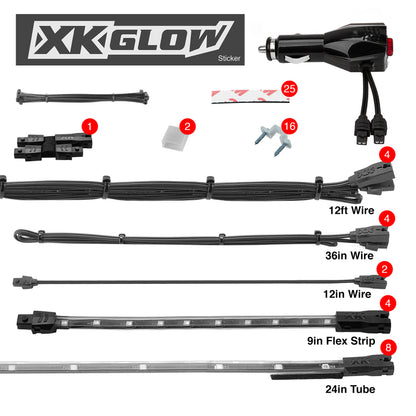 XKGLOW XK Glow Single Color XKGLOW UnderglowLED Accent Light Car/Truck Kit Red - 8x24In Tube + 4x8In Strip