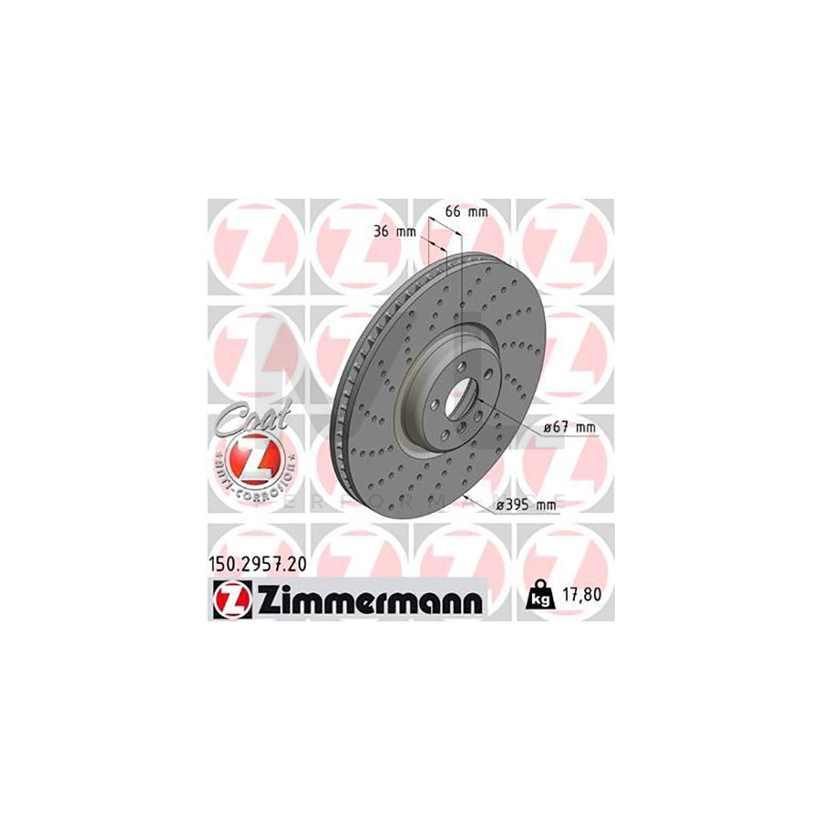 ZIMMERMANN 150.2957.20 Brake Disc Drilled dimples, Internally Vented, Coated, High-carbon