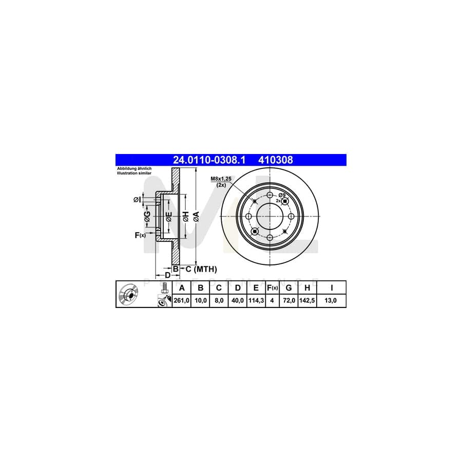 ATE 24.0110-0308.1 Brake Disc Solid, Coated, with bolts/screws  - 1 piece