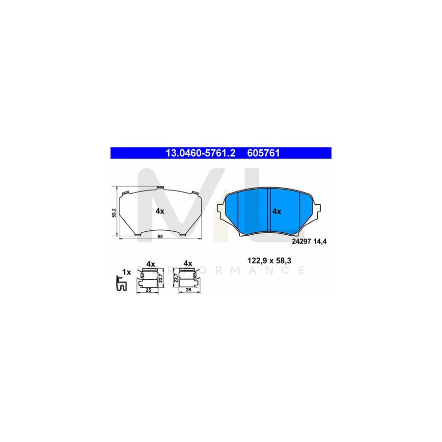 ATE 13.0460-5761.2 Brake pad set for MAZDA MX-5 III (NC) with acoustic wear warning, with anti-squeak plate, with accessories