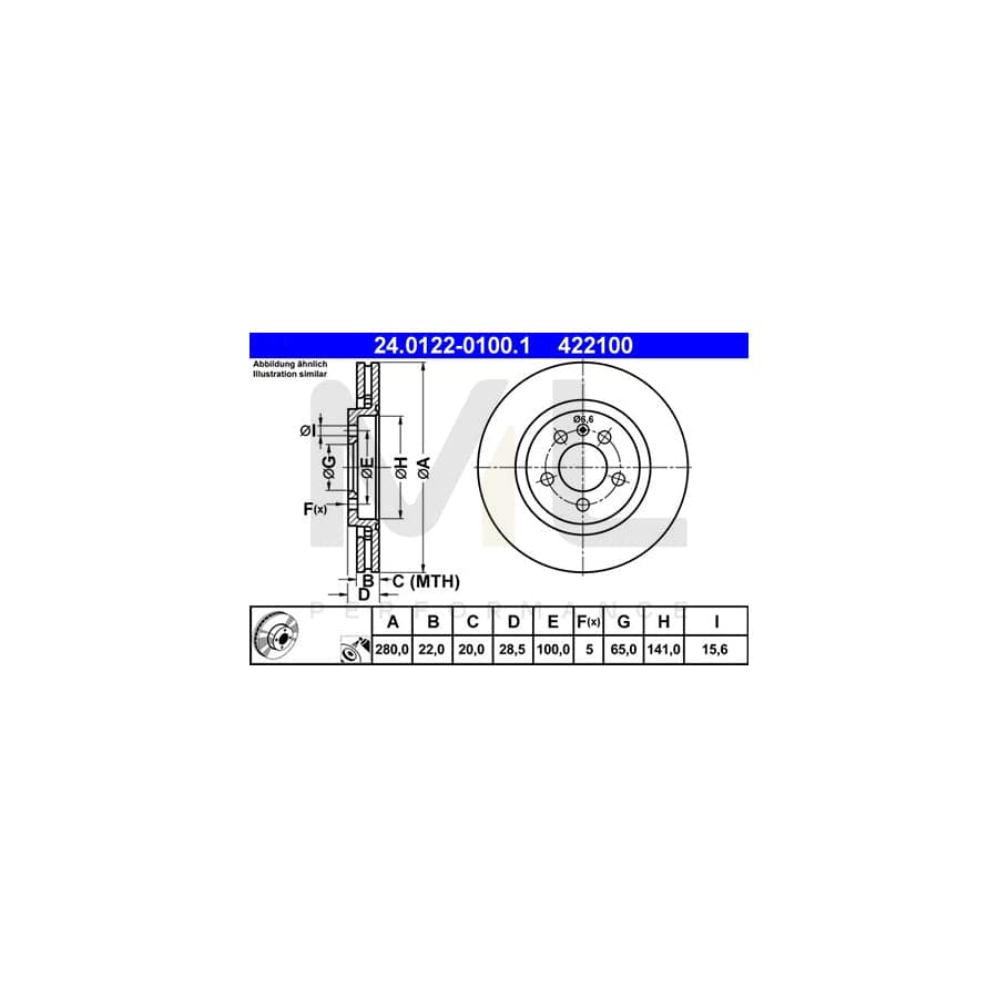 ATE 24.0122-0100.1 Brake Disc Vented, Coated, High-carbon  - 1 piece