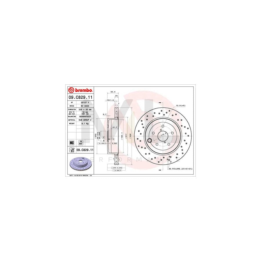 BREMBO 09.C829.11 Brake Disc for SUBARU WRX Saloon (GJ) Perforated / Vented, Coated, High-carbon | ML Performance Car Parts