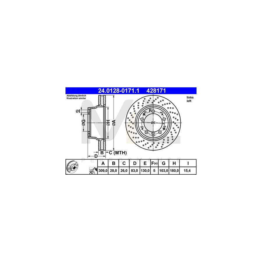 ATE 24.0128-0171.1 Brake Disc for PORSCHE 911 Coupe Perforated / Vented, Coated, Alloyed / High-carbon