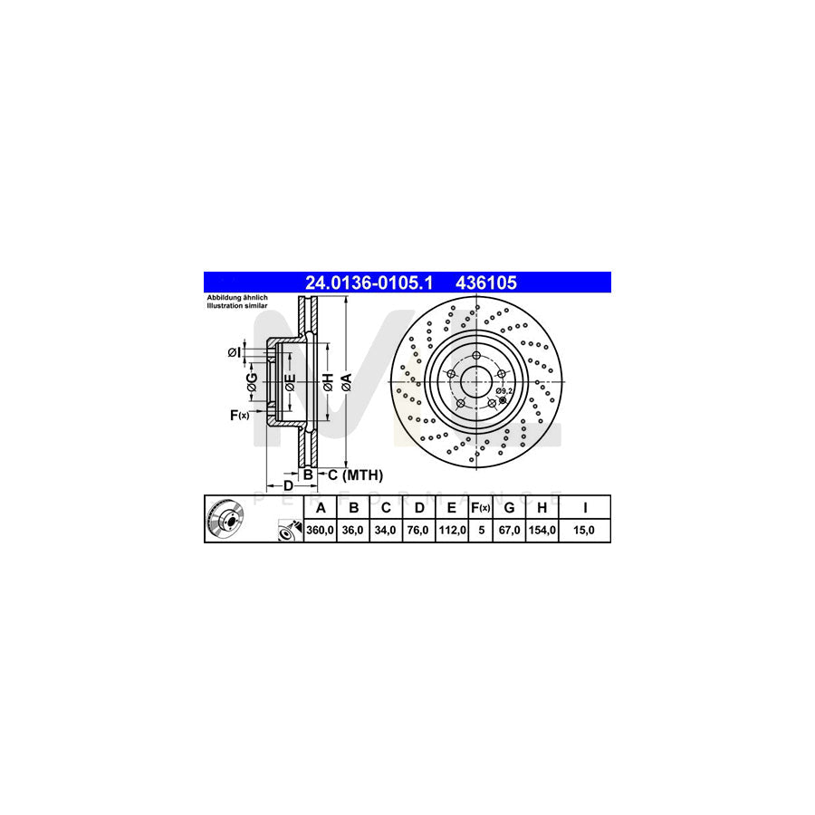 ATE 24.0136-0105.1 Brake Disc suitable for MERCEDES-BENZ S-Class Perforated / Vented, Coated, Alloyed / High-carbon  - 1 piece