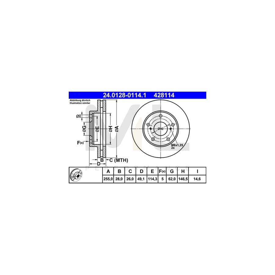ATE 24.0128-0114.1 Brake Disc Vented  - 1 piece