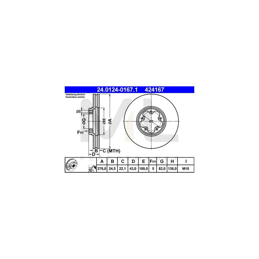 ATE 24.0124-0167.1 Brake Disc for FORD TRANSIT Vented, Coated  - 1 piece