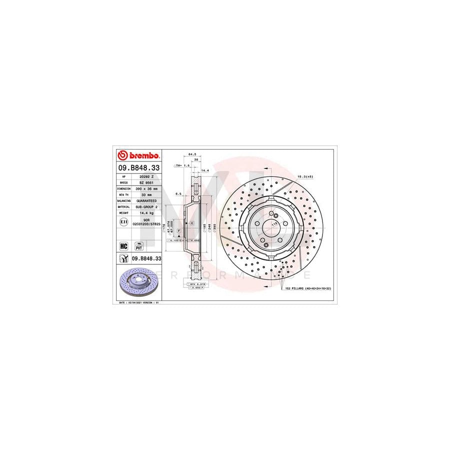BREMBO 09.B848.33 Brake Disc Internally Vented, Coated, High-carbon | ML Performance Car Parts