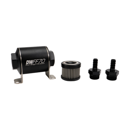 DeatschWerks Stainless Steel 3/8in 40 Micron Universal Inline Fuel Filter Housing Kit (70mm)