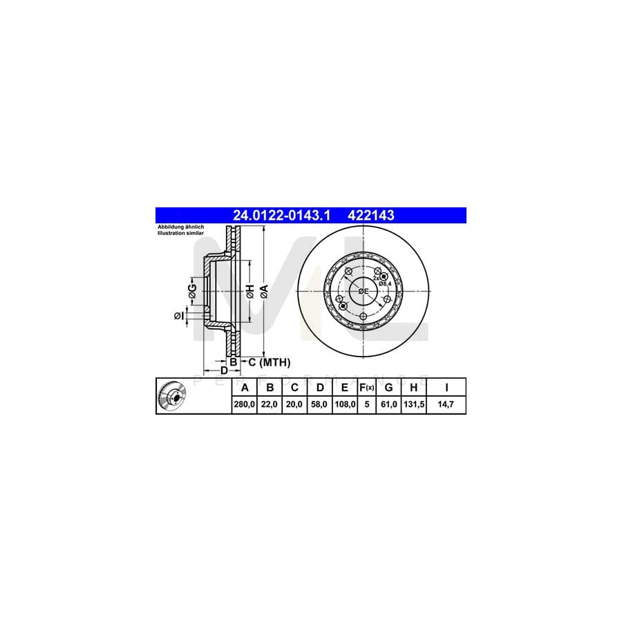ATE 24.0122-0143.1 Brake Disc Vented  - 1 piece