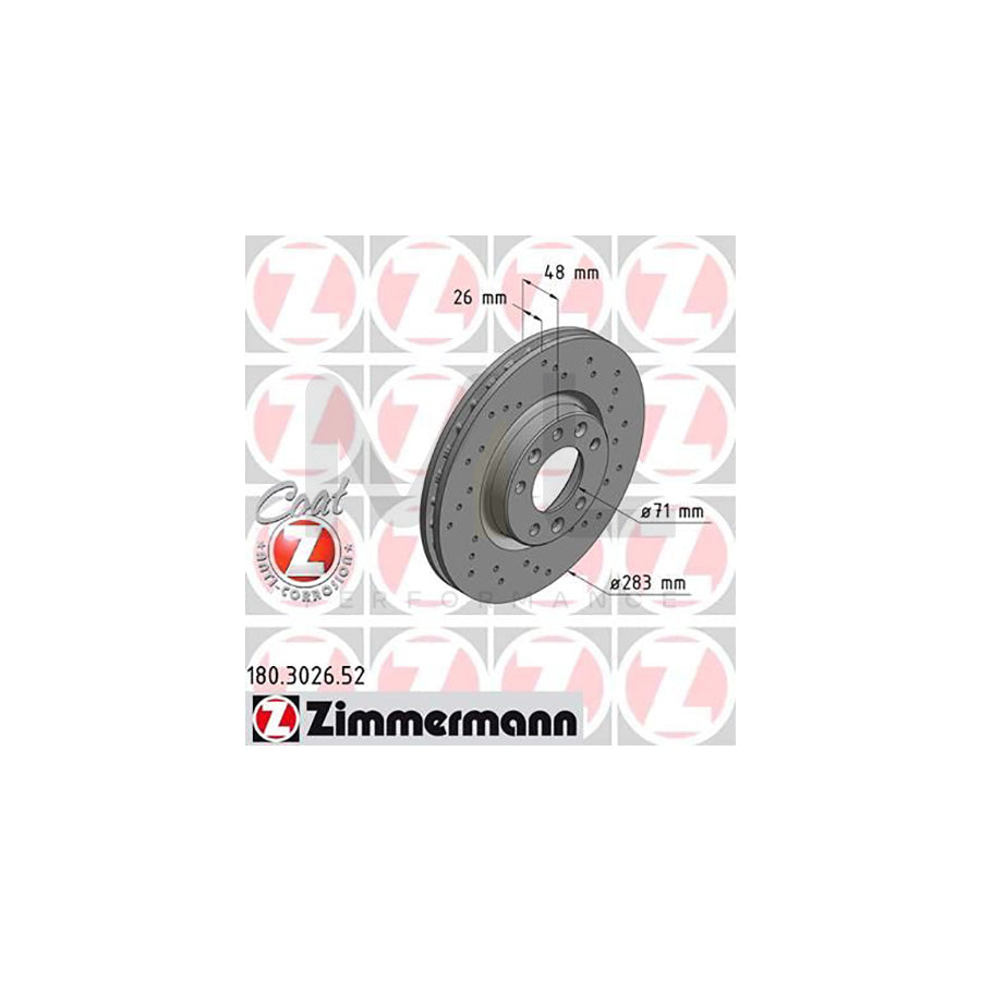 ZIMMERMANN SPORT COAT Z 180.3026.52 Brake Disc for CITROEN C4 Internally Vented, Perforated, Coated  - 1 piece