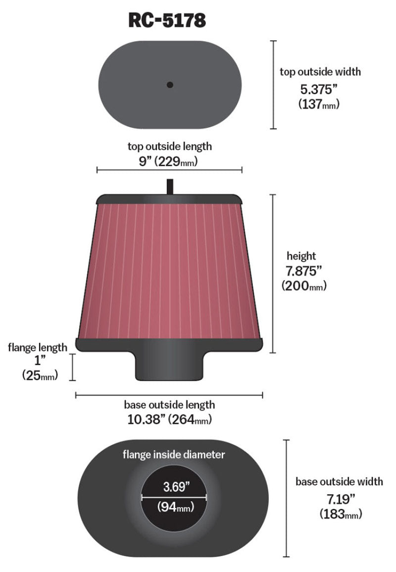 K&N Engineering K&N Universal Air Filter - Oval Straight - 3.688in Flange ID x 10.25in Base O/S Length x 7.875in H