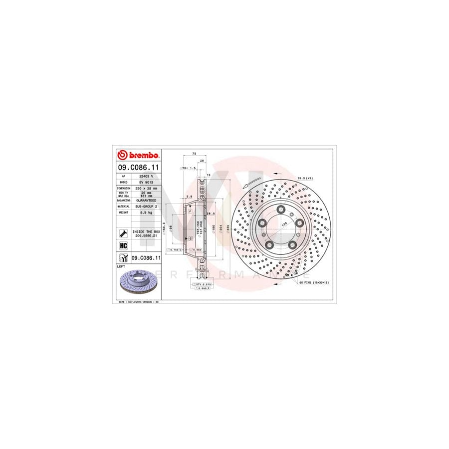 BREMBO COATED DISC LINE 09.C086.11 Brake Disc for PORSCHE 911 Perforated / Vented, Coated, High-carbon, with bolts/screws | ML Performance Car Parts