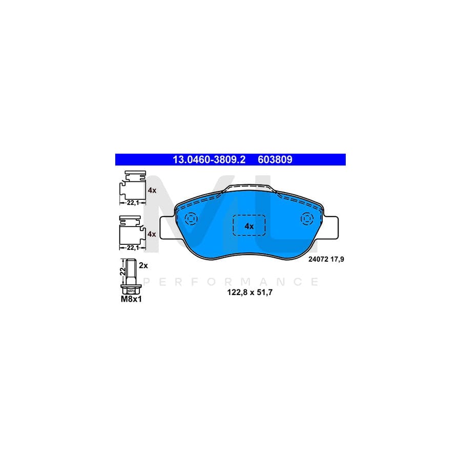 ATE 13.0460-3809.2 Brake pad set for FIAT Panda II Hatchback (169) excl. wear warning contact, not prepared for wear indicator, with brake caliper screws, with accessories