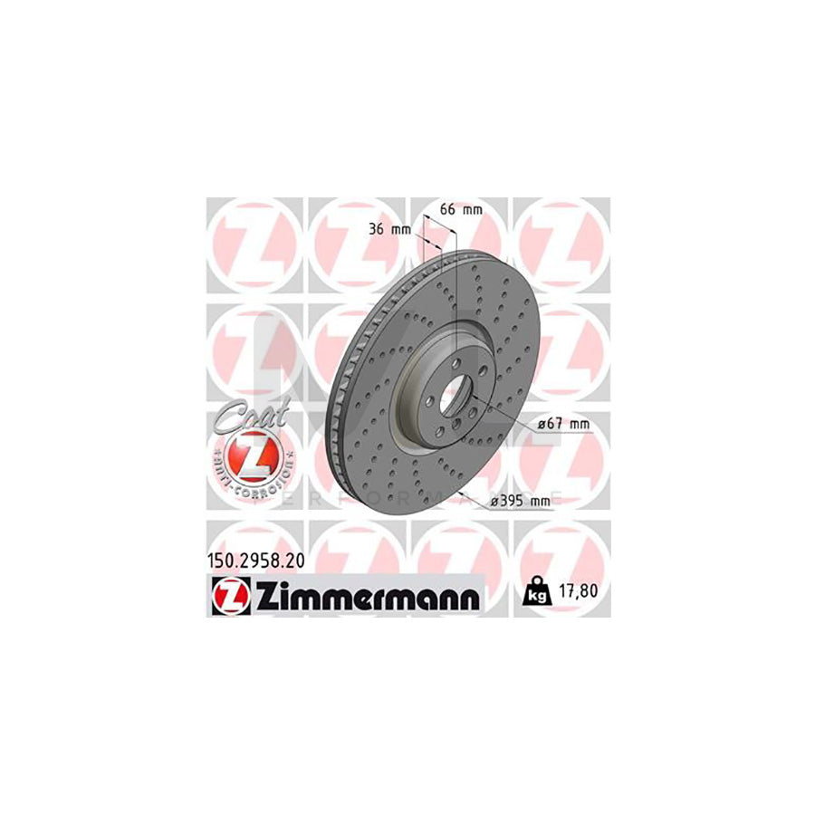 ZIMMERMANN 150.2958.20 Brake Disc Drilled dimples, Internally Vented, Coated, High-carbon
