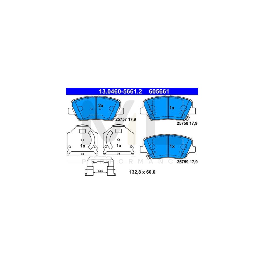ATE 13.0460-5661.2 Brake pad set with acoustic wear warning, with anti-squeak plate, with accessories