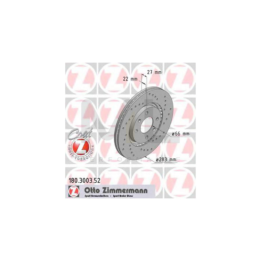 ZIMMERMANN 180.3003.52 Brake Disc Externally Vented, Perforated, Coated  - 1 piece