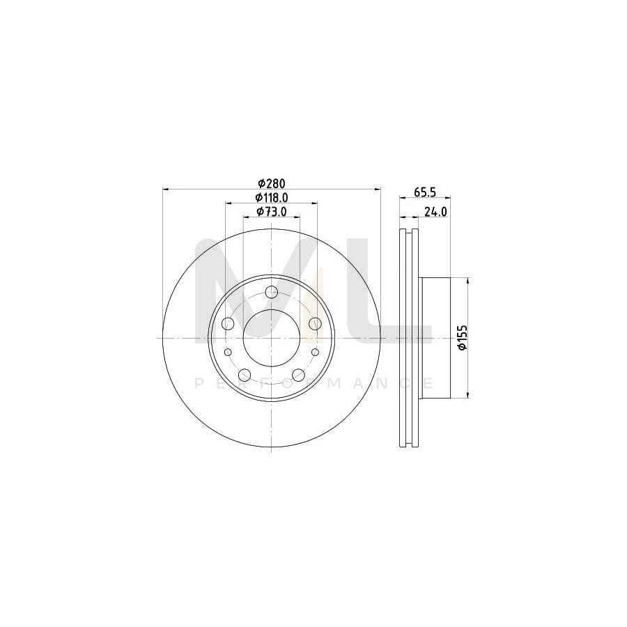 HELLA 8DD 355 132-141 Brake Disc Internally Vented, Coated, without wheel hub, without wheel studs