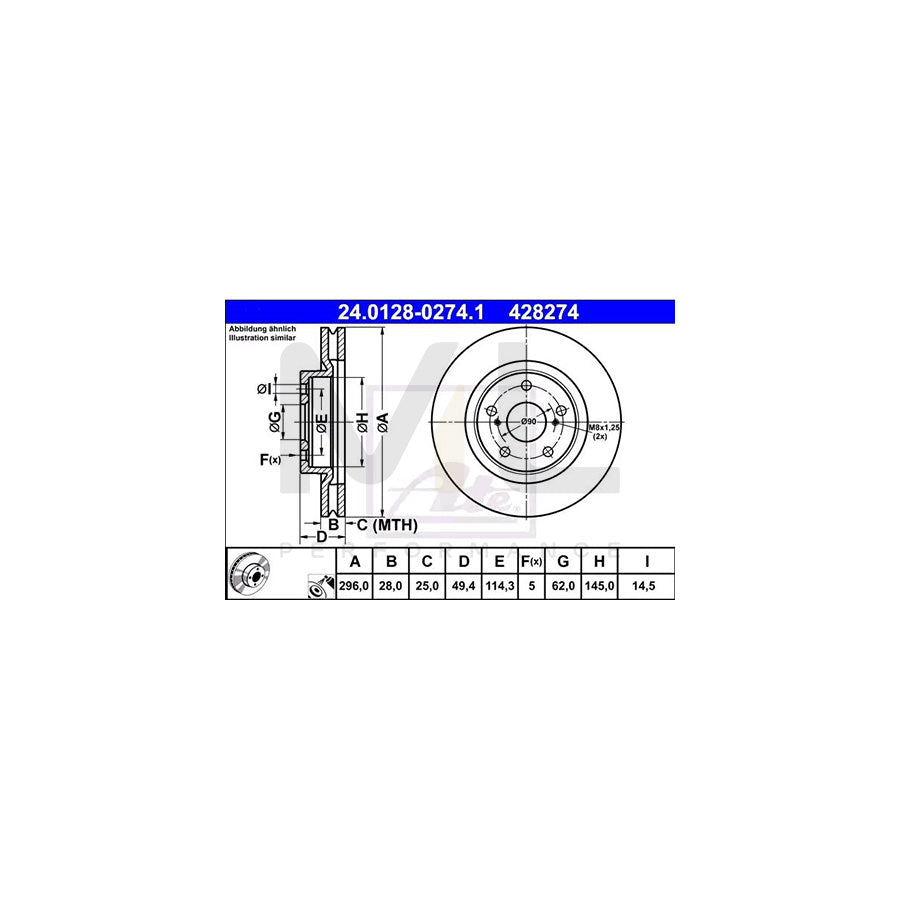 ATE 24.0128-0274.1 Brake Disc Vented, Coated, High-carbon  - 1 piece