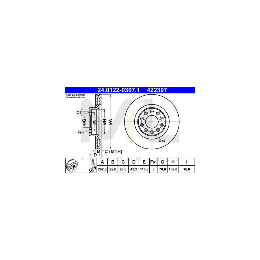 ATE 24.0122-0307.1 Brake Disc Vented, Coated, with bolts/screws  - 1 piece