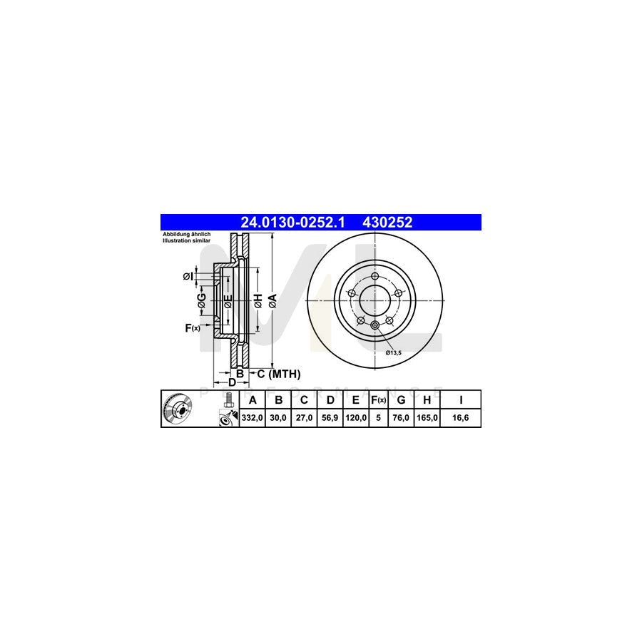 ATE 24.0130-0252.1 Brake Disc for VW AMAROK Vented, Coated, Alloyed / High-carbon, with bolts/screws  - 1 piece