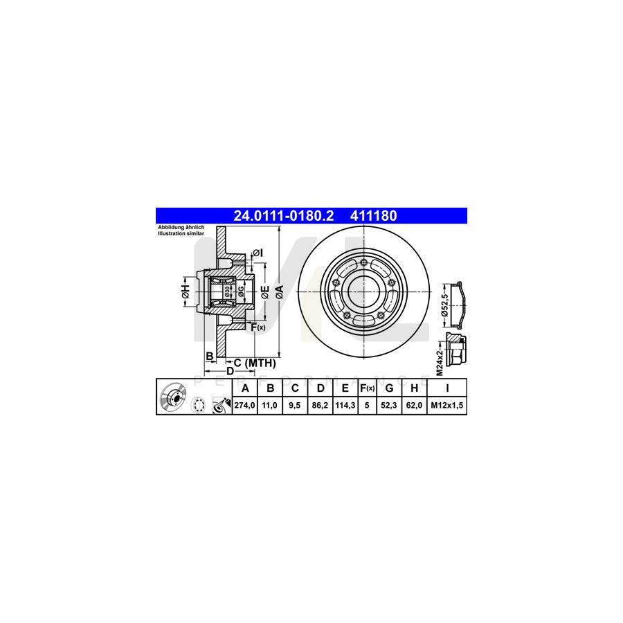 ATE 24.0111-0180.2 Brake Disc Solid, Coated, with ABS sensor ring, with wheel bearing  - 1 piece
