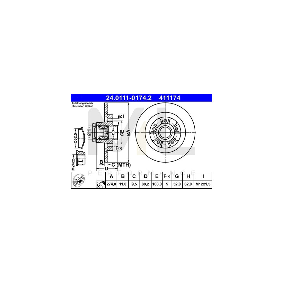 ATE 24.0111-0174.2 Brake Disc for RENAULT KANGOO Solid, Coated, with ABS sensor ring, with wheel bearing  - 1 piece