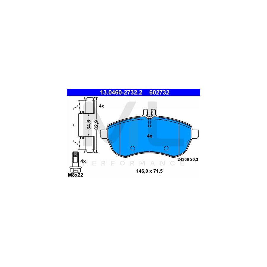 ATE 13.0460-2732.2 Brake pad set excl. wear warning contact, prepared for wear indicator, with brake caliper screws, with accessories