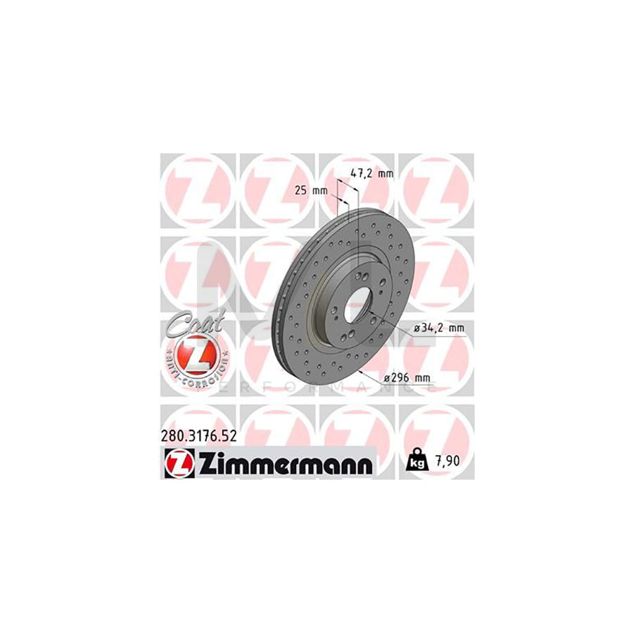 ZIMMERMANN SPORT COAT Z 280.3176.52 Brake Disc for HONDA ACCORD Internally Vented, Perforated, Coated  - 1 piece