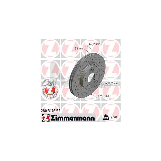 ZIMMERMANN SPORT COAT Z 280.3176.52 Brake Disc for HONDA ACCORD Internally Vented, Perforated, Coated  - 1 piece