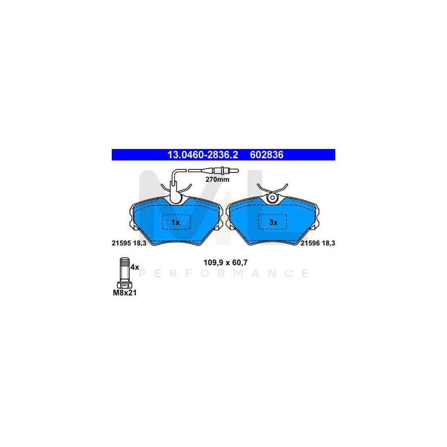 ATE 13.0460-2836.2 Brake pad set for RENAULT Laguna I Hatchback (B56) incl. wear warning contact, with brake caliper screws
