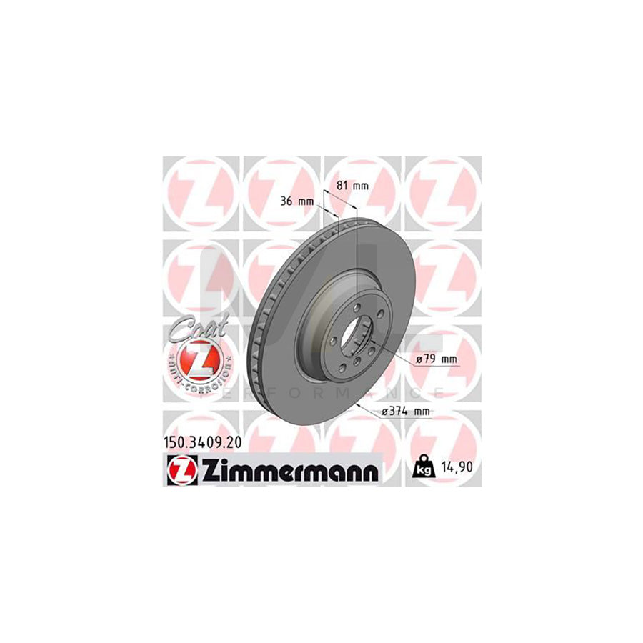 ZIMMERMANN COAT Z 150.3409.20 Brake Disc for BMW 7 (E65, E66, E67) Internally Vented, Coated, High-carbon  - 1 piece