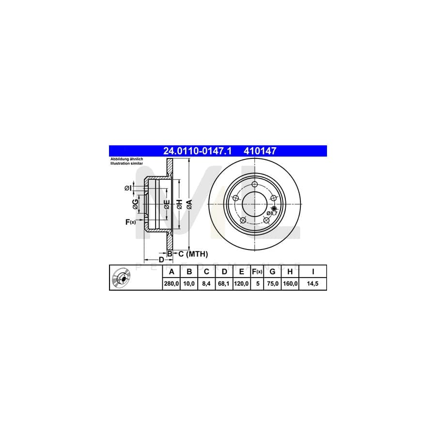 ATE 24.0110-0147.1 Brake Disc for BMW 7 (E23) Solid, Coated  - 1 piece