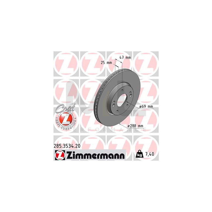 ZIMMERMANN 285.3534.20 Brake Disc Internally Vented, Coated  - 1 piece