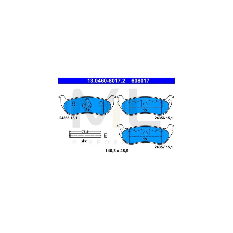 ATE 13.0460-8017.2 Brake pad set for JEEP Cherokee III (KJ) excl. wear warning contact, not prepared for wear indicator, with accessories