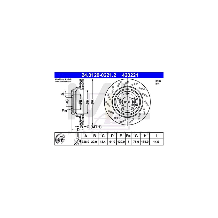 ATE 24.0120-0221.2 Brake Disc Perforated / Vented, Two-piece brake disc, Coated, High-carbon, with bolts/screws