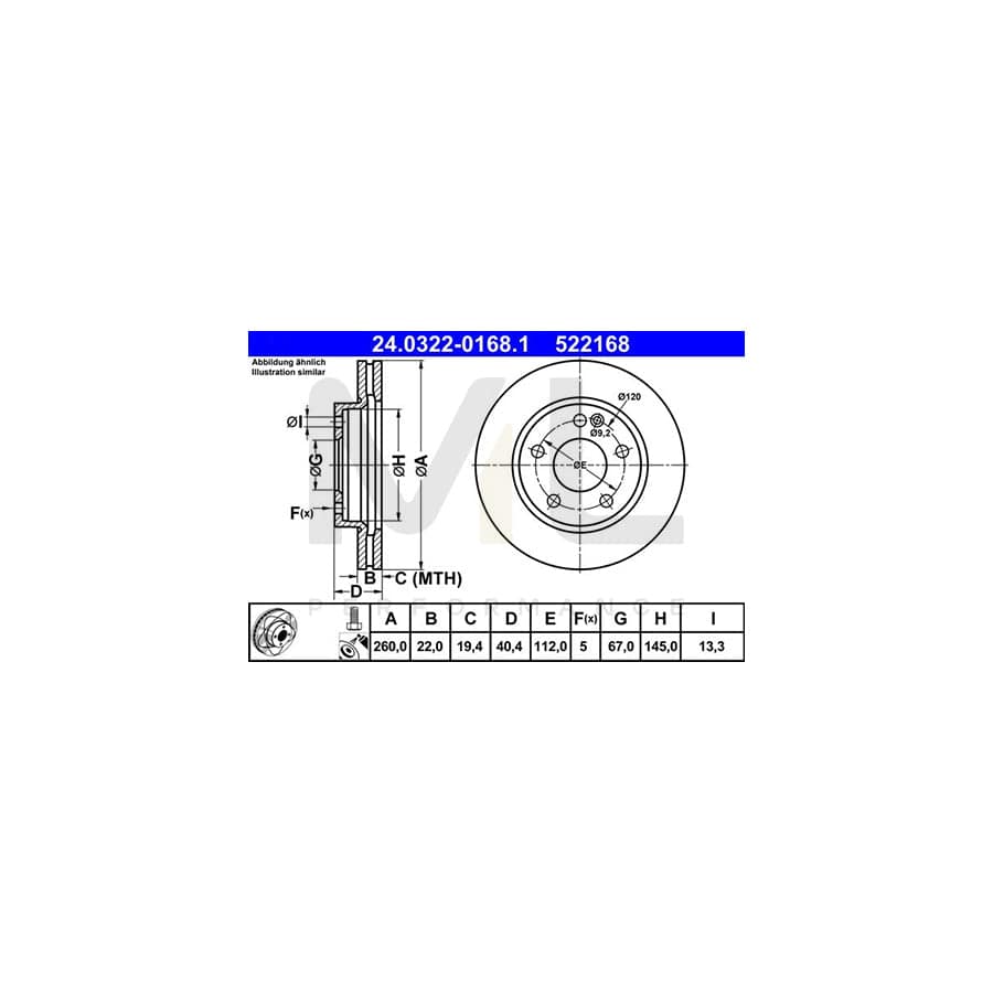 ATE PowerDisc 24.0322-0168.1 Brake Disc suitable for MERCEDES-BENZ A-Class (W168) Vented, Coated, Alloyed / High-carbon, with bolts/screws  - 1 piece