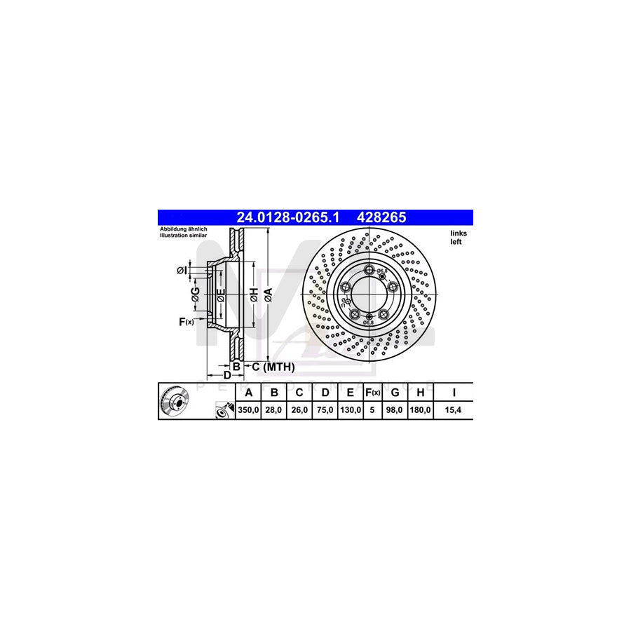 ATE 24.0128-0265.1 Brake Disc for PORSCHE 911 Perforated / Vented, Coated, Alloyed / High-carbon