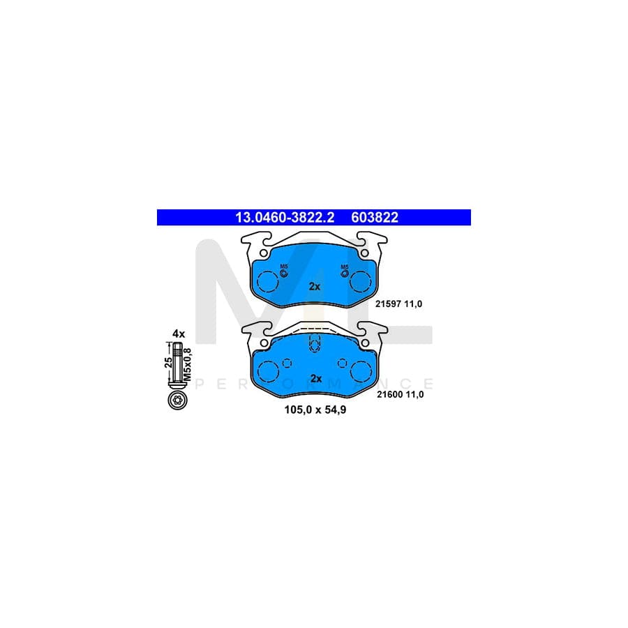 ATE 13.0460-3822.2 Brake pad set excl. wear warning contact, not prepared for wear indicator, with bolts/screws