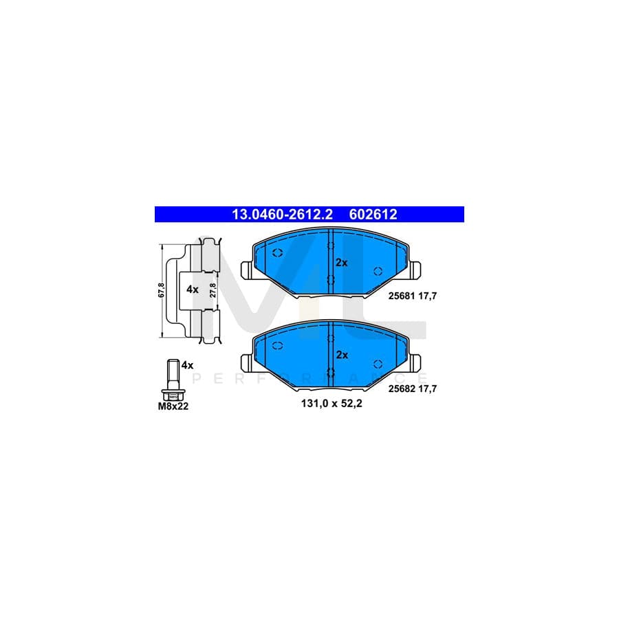ATE 13.0460-2612.2 Brake pad set for SKODA FABIA excl. wear warning contact, not prepared for wear indicator, with brake caliper screws, with accessories
