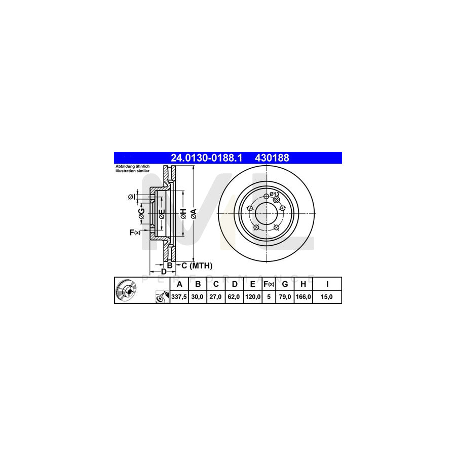 ATE 24.0130-0188.1 Brake Disc Vented, Coated  - 1 piece