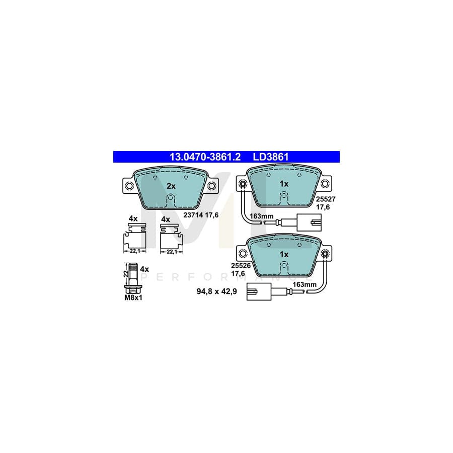 ATE 13.0470-3861.2 Brake pad set incl. wear warning contact, with brake caliper screws, with accessories