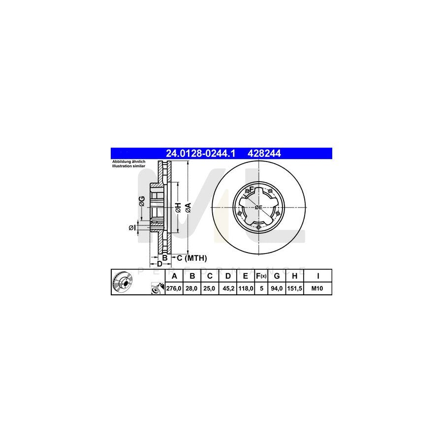 ATE 24.0128-0244.1 Brake Disc Vented, Coated, Alloyed / High-carbon  - 1 piece