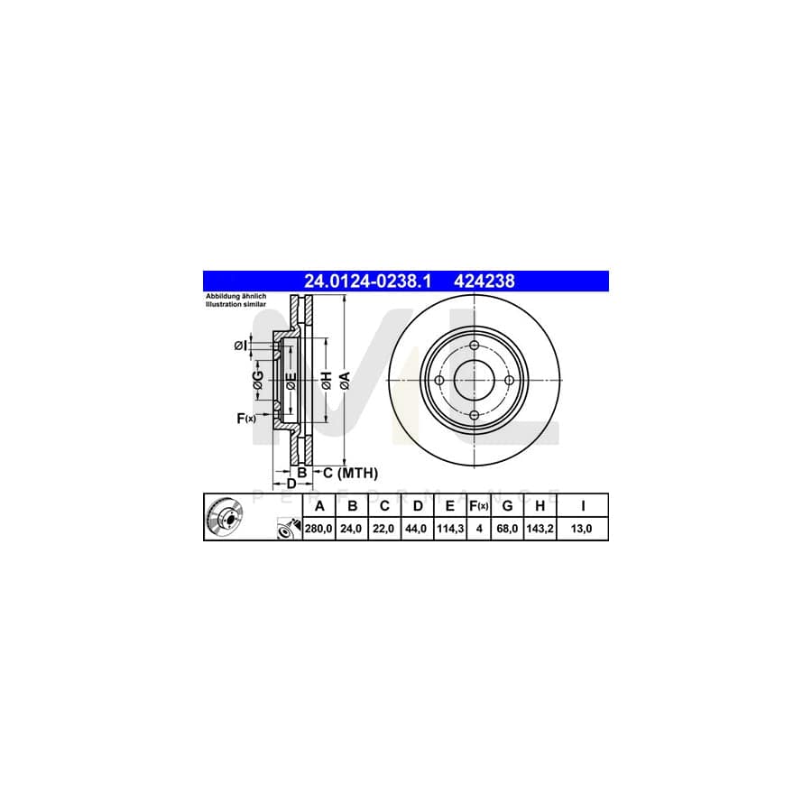 ATE 24.0124-0238.1 Brake Disc Vented, Coated  - 1 piece