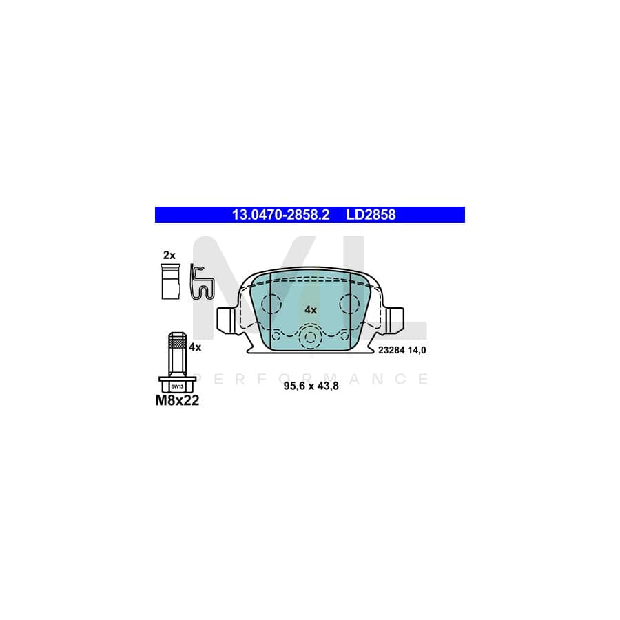 ATE Ceramic 13.0470-2858.2 Brake pad set with acoustic wear warning, with brake caliper screws