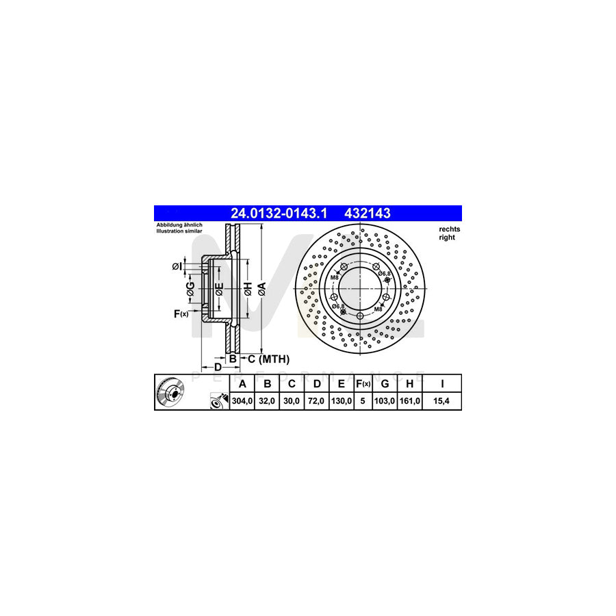 ATE 24.0132-0143.1 Brake Disc for PORSCHE 911 Perforated / Vented, Coated, Alloyed / High-carbon