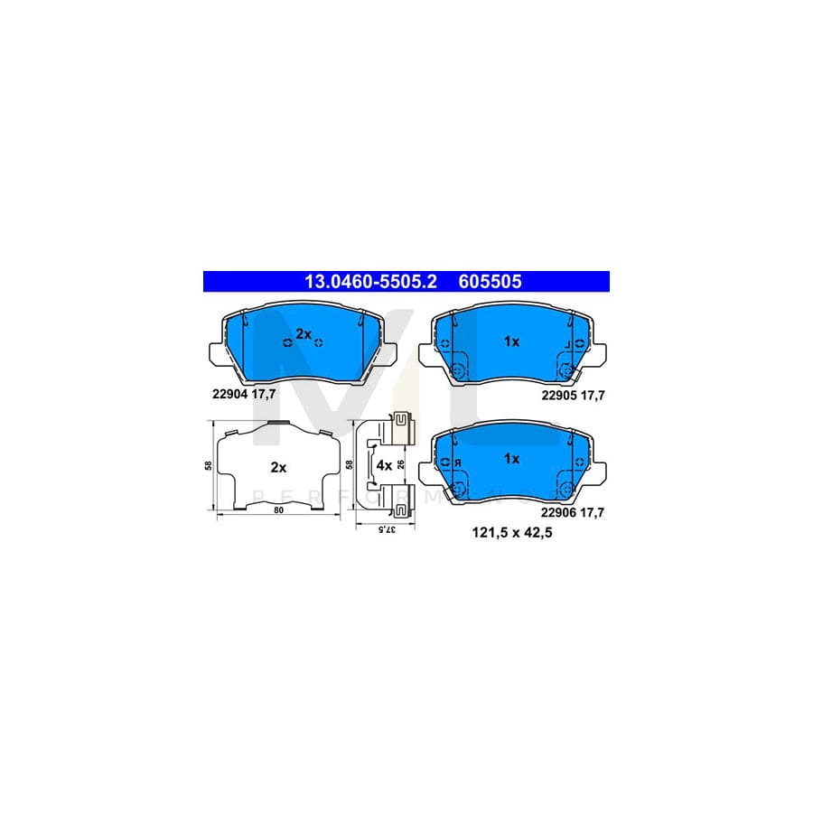 ATE 13.0460-5505.2 Brake pad set for KIA Picanto III (JA) with acoustic wear warning, with anti-squeak plate, with accessories
