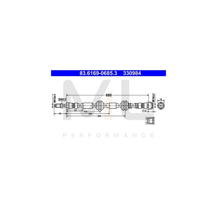 ATE 83.6169-0685.3 Brake Hose for VW Touareg I (7LA, 7L6, 7L7) 685mm, M10x1
