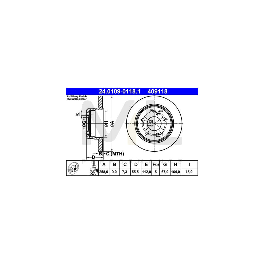 ATE 24.0109-0118.1 Brake Disc Solid, Coated, with bolts/screws  - 1 piece