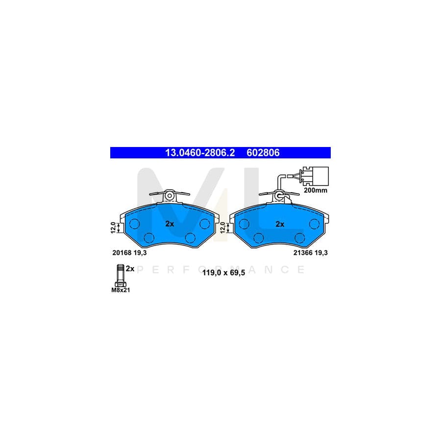 ATE 13.0460-2806.2 Brake pad set incl. wear warning contact, with brake caliper screws