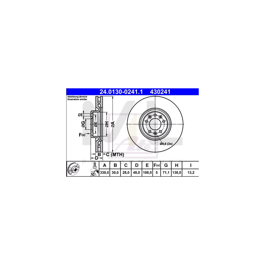ATE 24.0130-0241.1 Brake Disc Vented, Coated, Alloyed / High-carbon, with bolts/screws  - 1 piece